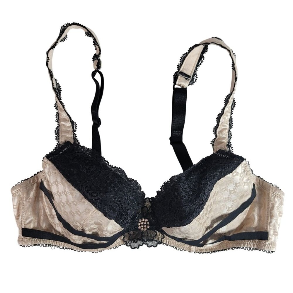 Aubade Paris Underwire Bra Tan Beige Black 32D Adj Strap Lace Trim Light Padding